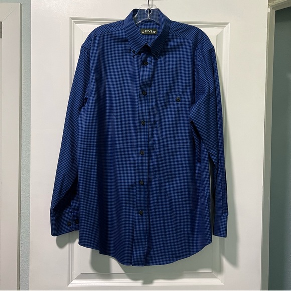Vintage Orvis Men’s Wrinkle Free Dress Shirt Black Blue Check Pattern Sz Medium - Picture 1 of 8